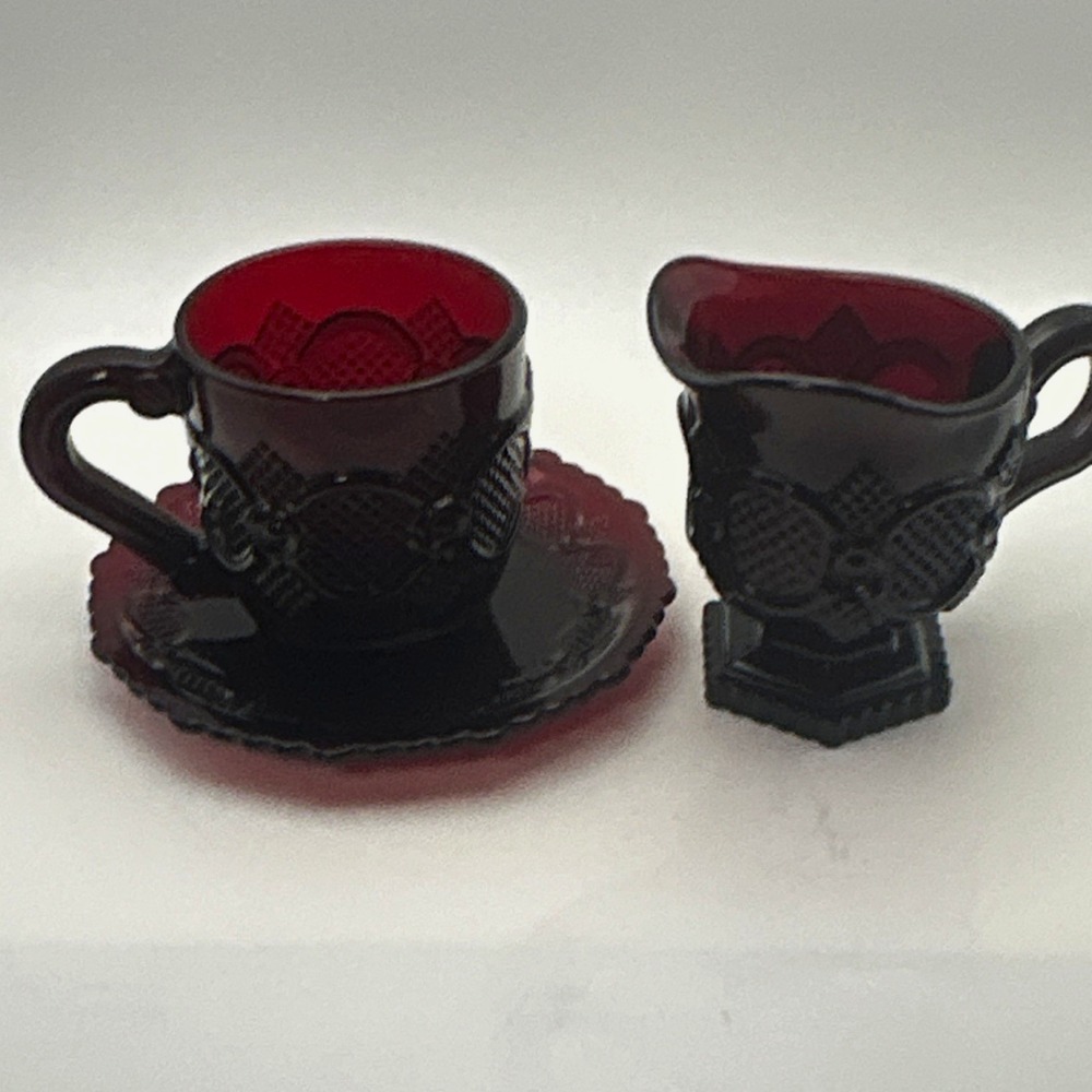 Avon 1876 Red Glass Cup & Saucer Set, Creamer. Embossed Victorian,